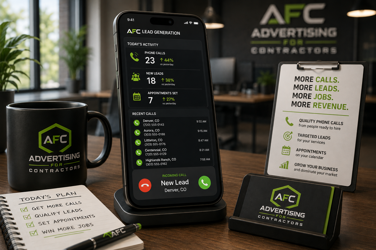 Contractor lead generation dashboard showing incoming phone calls, new leads and appointments set