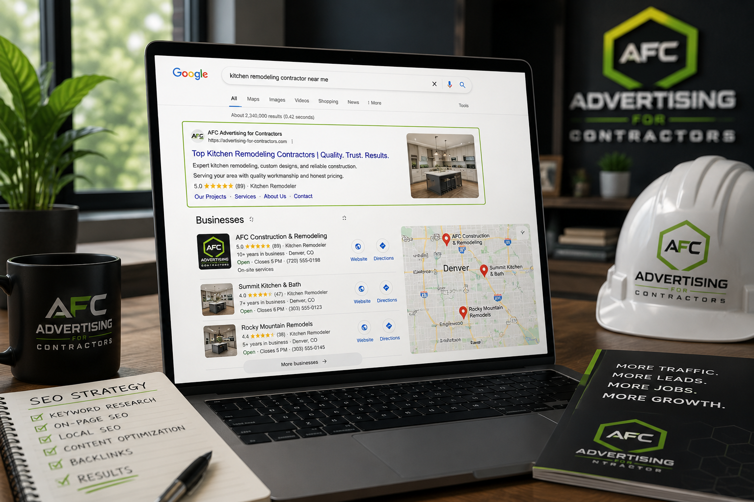 Contractor website and SEO performance dashboard tracking conversions by channel