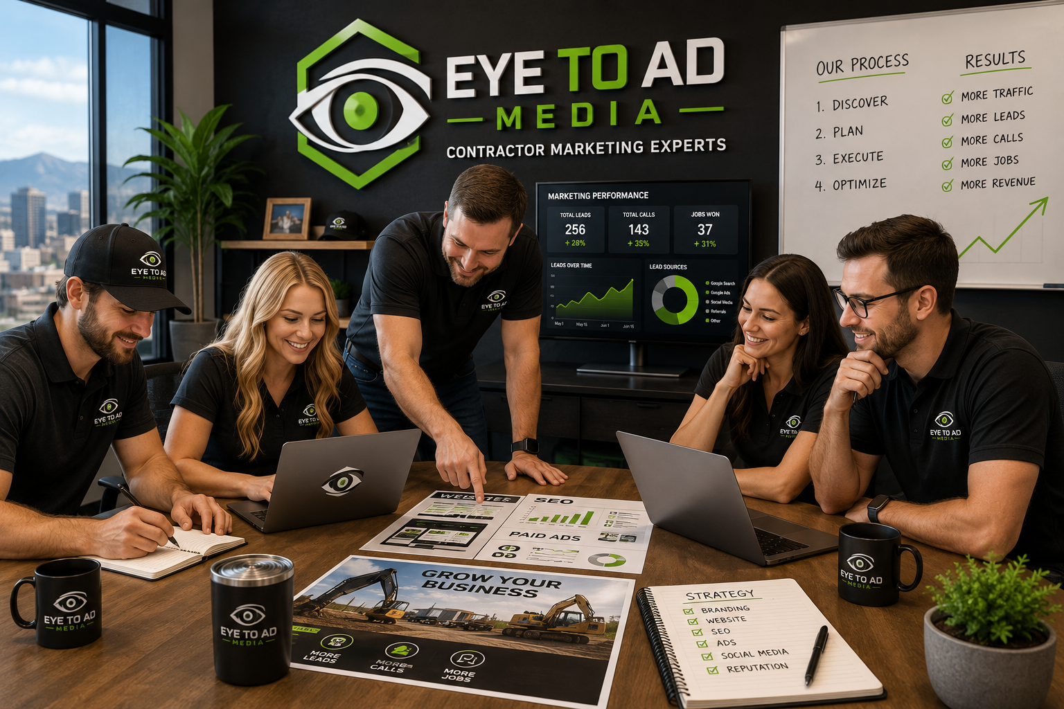 The Eye To Ad Media team reviewing a contractor marketing performance dashboard showing leads, calls and jobs won